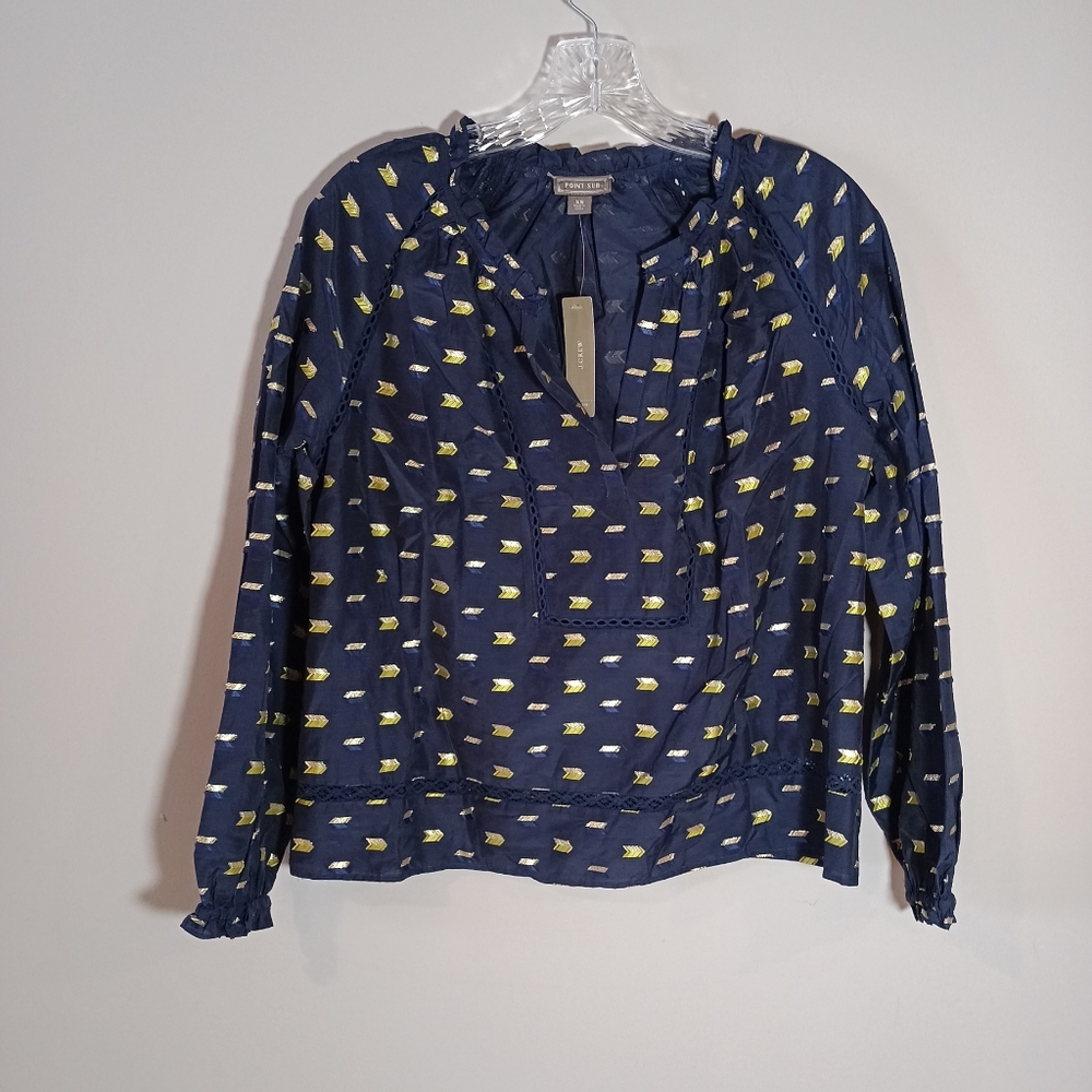 J crew Point Sur long sleeve tie neck metallic clip dot top in Navy Size XS New